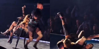 Madonna sufre caída arriba del escenario en Seattle, pero continúa cantando Madonna sufre caída arriba del escenario en Seattle, pero continúa cantando