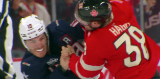 Jugadores de Canadá y Estados Unidos se pelean en duelo de hockey Jugadores de Canadá y Estados Unidos se pelean en duelo de hockey