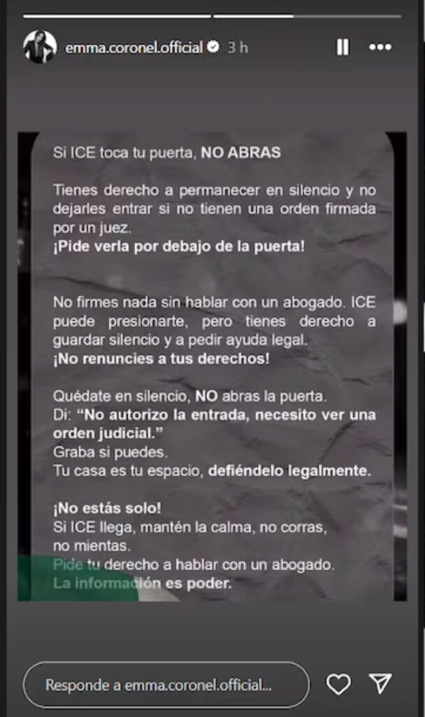 Emma Coronel sale en defensa de migrantes tras redadas en EU; "no estás solo", expresa