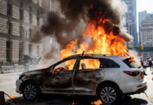 Auto explota junto al Toro de Wall Street en Nueva York llenando de humo el sur de Manhattan Auto explota junto al Toro de Wall Street en Nueva York llenando de humo negro el sur de Manhattan